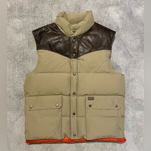 Vintage Polo Ralph Lauren Leather Down Puffer Vest Mens L Tan Brown Snap Button